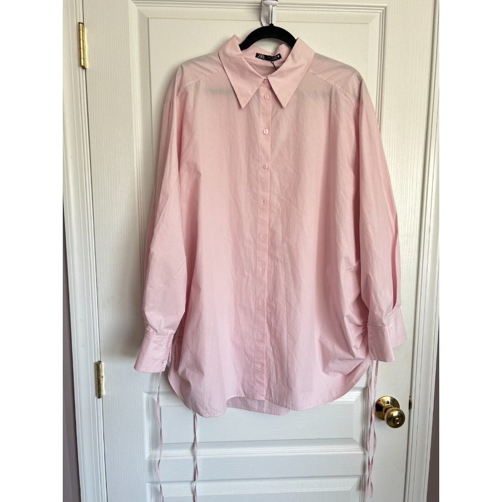 Cotton Zara Women's L Oversized Pink Button Up Shirt Cinched Sides